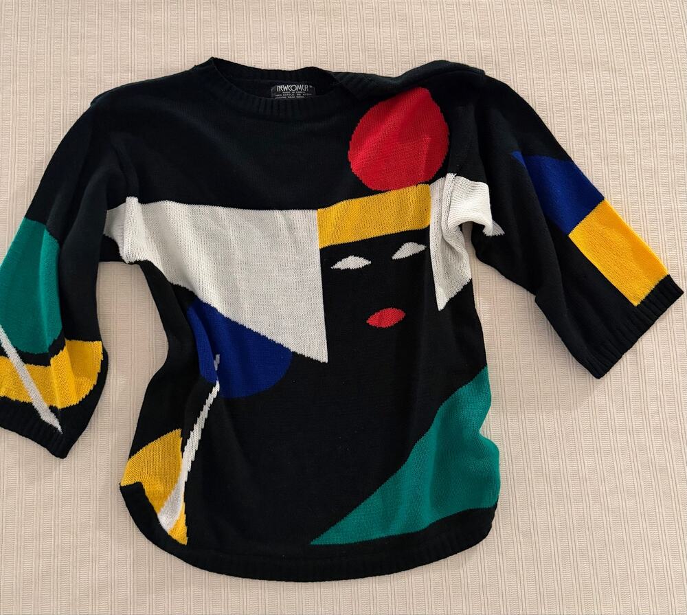 Newcomer Vintage 80s Abstract Geometric Face Intarsia Knit Sweater Black OS Med.